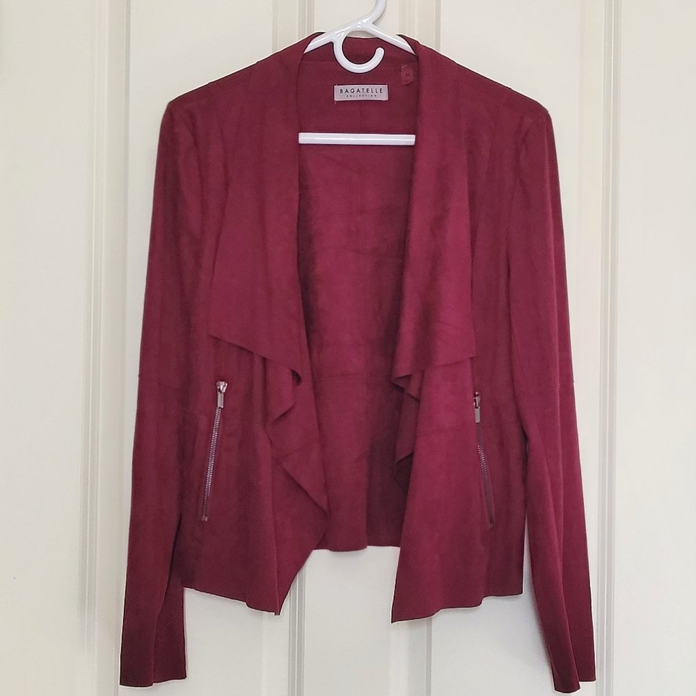 Bagatelle Collection Burgundy Faux Suede Drape Front Jacket